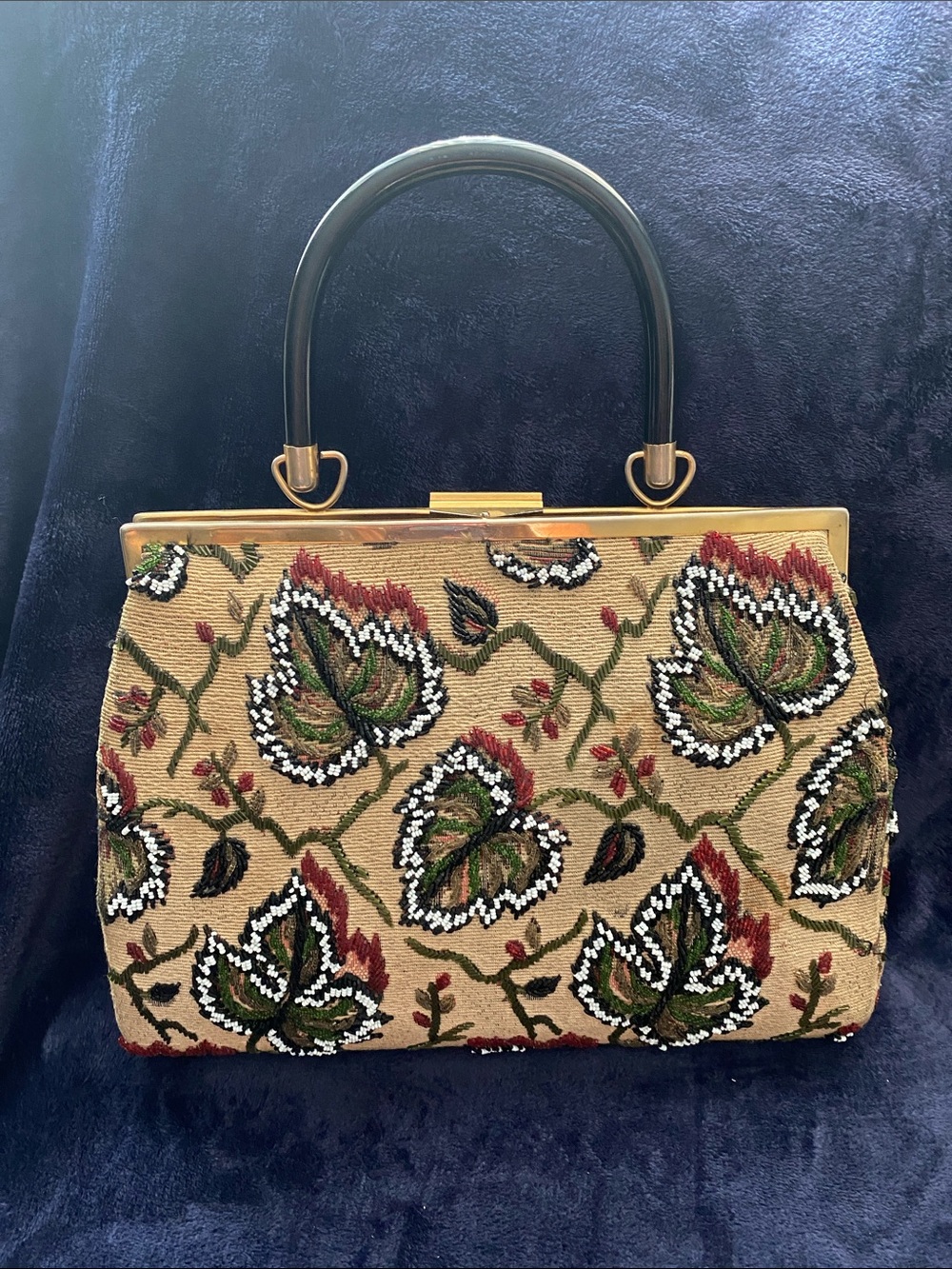 Sue Sang Vintage Beaded Floral Top-Handle Bag in Beige and Green